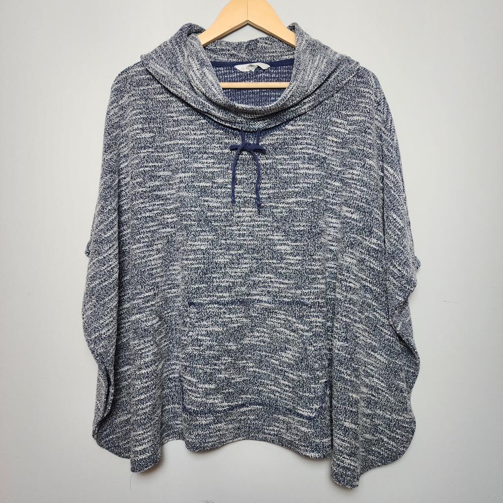 Cleo Space Dye Knit Cowl Neck Poncho Sweater Navy Blue White One Size